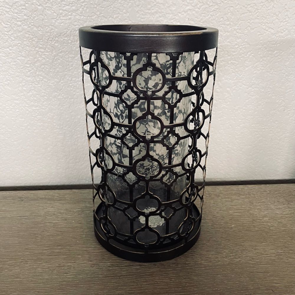 Bronze Metal Moroccan Glass Pillar Candle Holder
